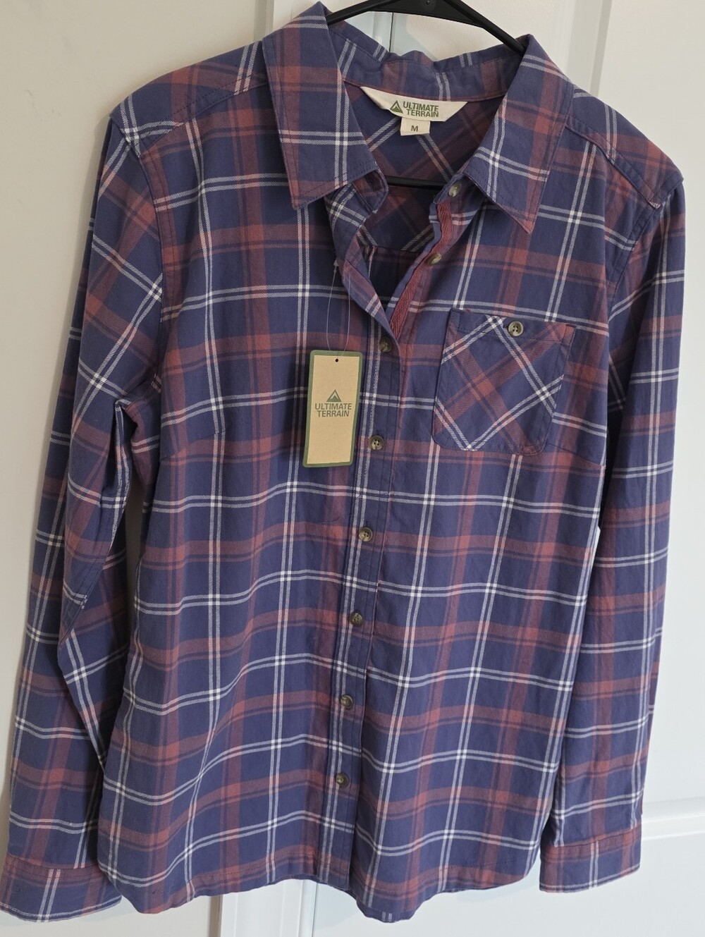 Ultimate Terrain Cotton Women’s Blue, Red Plaid Button-Up Shirt. NWT. Size M.